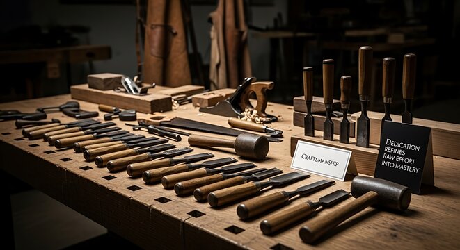 Woodworking tools arranged on a wooden table with focus on chisels