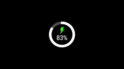 Abstract battery charging animation. Battery charging 0 to 100 percent with futuristic circle design on black background. 4k video