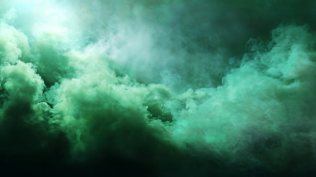 Emerald green smoke clouds swirling in dark atmosphere abstract background