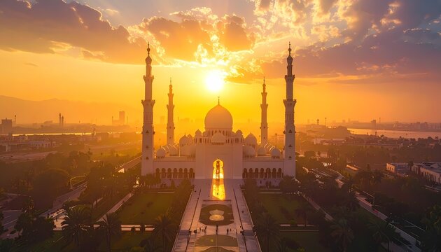 Grand Mosque at Sunset in Abu Dhabi United Arab Emirates.