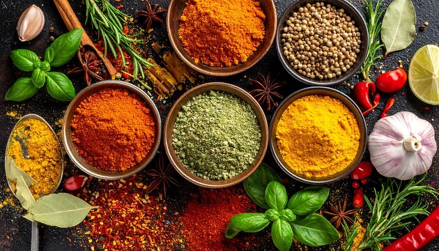 A vibrant top-down shot of various spices in small bowls, herbs, and ingredients arranged artistically on a dark surface