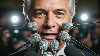 Politician Surrounded by Microphones - A Press Conference Moment.