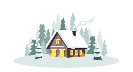 A cozy wooden cabin in a snowy winter forest with smoke coming from the chimney.