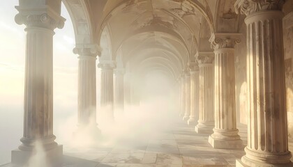Mystical Ancient Hallway with Pillars and Ethereal Light.