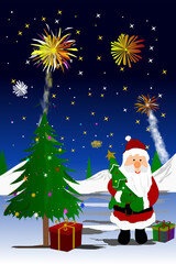 A cheerful Santa stands beside a decorated Christmas tree under a snowy night sky filled with bright fireworks, colorful stars, and wrapped gifts, creating a joyful and festive holiday atmosphere.