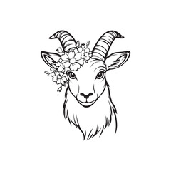 Goat Head with Floral Decoration &ndash; Cute Line Art Farm Animal Illustration