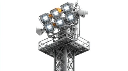 Illuminating Tower: A futuristic tower structure equipped with powerful spotlights, illuminating the sky with advanced technology.