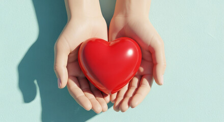 A shiny red heart gently held in human hands against a light blue backdrop symbolizes love, care, and support, emphasizing themes of charity and well-being.
