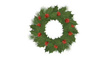A detailed illustration of a Christmas wreath, featuring green leaves and red berries.