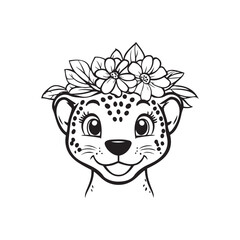 Fototapeta premium Cute Baby Leopard with Floral Crown – Adorable Line Art Wild Cat Illustration