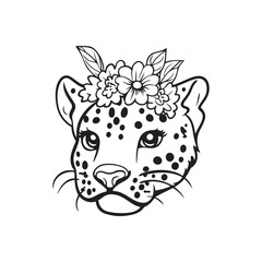 Cute Leopard with Floral Crown &ndash; Adorable Line Art Wild Cat Illustration