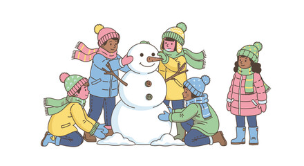 A diverse group of children dressed in winter clothing are happily building a snowman together in the snow.