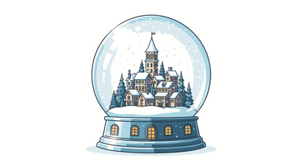 A charming winter village scene encased within a classic snow globe, featuring snow-covered buildings, evergreen trees, and falling snowflakes. © Asap