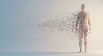 Human figure dissolving into particles conceptual art transparent background