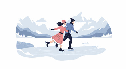 A romantic couple in winter clothing ice skating hand-in-hand on a frozen lake surrounded by snowy mountains.