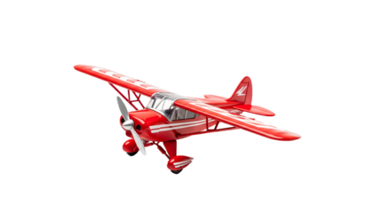 Classic red single-engine propeller airplane model soaring isolated objects on a transparent PNG