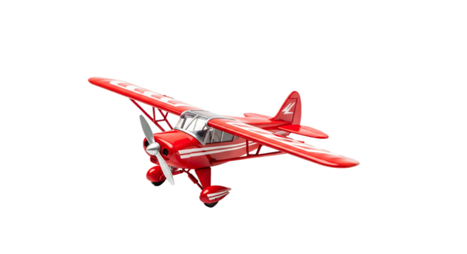 Classic red single-engine propeller airplane model soaring isolated objects on a transparent PNG