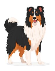 Obraz premium A fully-illustrated, vibrant canine, displaying a fluffy fur coat in shades of black, brown, and white, with a friendly expression