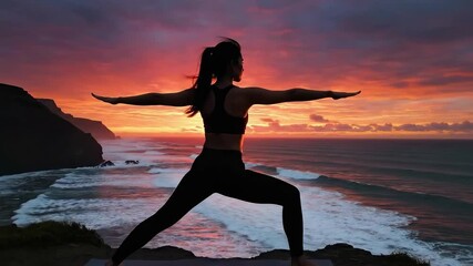 Tranquil sunset yoga silhouette on ocean shore.