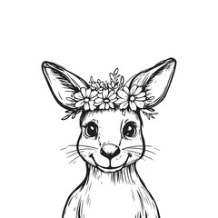 Cute Kangaroo with Floral Crown – Hand-Drawn Line Art Animal Illustration