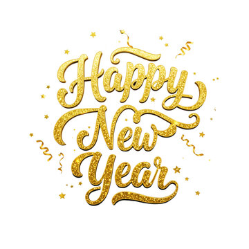 Sparkling golden happy new year typography with confetti and stars festive design isolated on transparent background