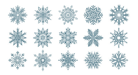 A collection of intricate blue snowflake designs with various unique patterns against a white background, symbolizing winter and cold.