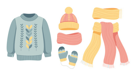 Winter clothing set: sweater, hat, scarf, and mittens illustration.
