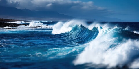 Vista Coastline Natural wonder concept. Waves crashing in a vibrant blue ocean under a clear sky.