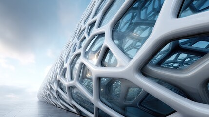 Modern architectural marvel: A close-up showcases a modern building with a striking geometric facade and expansive glass windows.