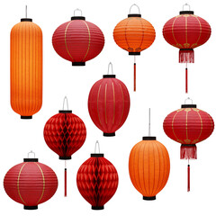 Obraz premium Collection of red and orange paper lanterns displayed against a dark backdrop isolated on transparent background