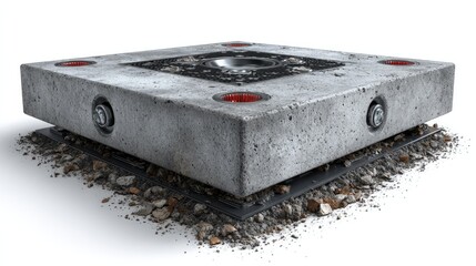 Isolation Base: A concrete isolation base, engineered for optimal stability, featuring a central indentation and strategically placed fasteners, meticulously set upon a bed of aggregate
