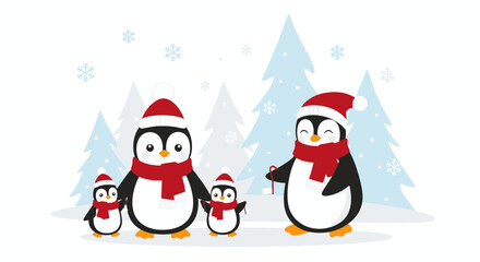 A charming illustration of a penguin family dressed in Santa hats and red scarves, enjoying a snowy winter day with festive trees in the background.