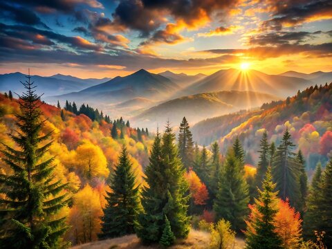 Beautiful autumn landscape with mountains at sunset