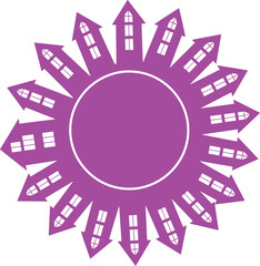 Creative magenta house arrow circle design, real estate growth concept, property market progress illustration, modern business investment abstract vector symbol background.