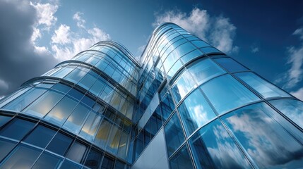 Modern Architectural Marvel: Captivating low-angle view of a contemporary glass skyscraper piercing the sky, embodying innovation, progress, and urban grandeur.