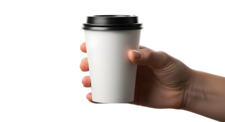 Hand holding a disposable paper coffee cup with a black lid on a white background