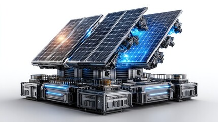 Innovation in Solar: A cutting-edge solar array, illuminated with futuristic blue lights, stands as a testament to clean energy and advanced technological prowess.