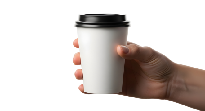Hand holding a disposable paper coffee cup with a black lid on a white background