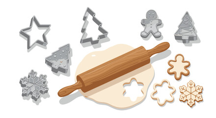 Close-up of various cookie cutters and a rolling pin on a surface with dough.