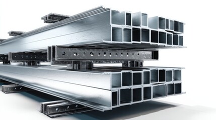 Industrial Steel Beams Displayed: A stack of industrial steel beams showcasing the strength and architectural potential of construction materials, perfect for illustrating projects