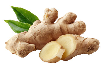 Fresh ginger root with leaves, sliced