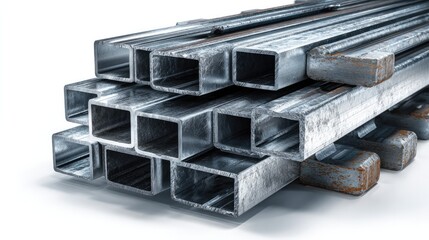 Steel Beams in construction site: Close-up of stacked steel beams, showcasing the strength and durability of metal in modern construction, suggesting industry and infrastructure.