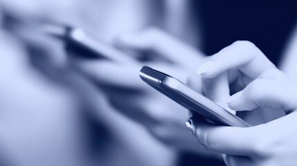 Mobile communication users engaged in texting urban setting digital interaction close-up view modern technology