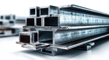 Industrial Steel Beams: a close-up shot of stacks of pristine steel beams, showcasing the strength, and reliability of industrial materials. 