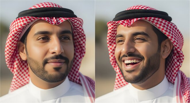Close-up of a smiling young man wearing traditional Middle Eastern attire with a red and white checkered headscarf and white thobe outdoors under natural light - Powered by Adobe