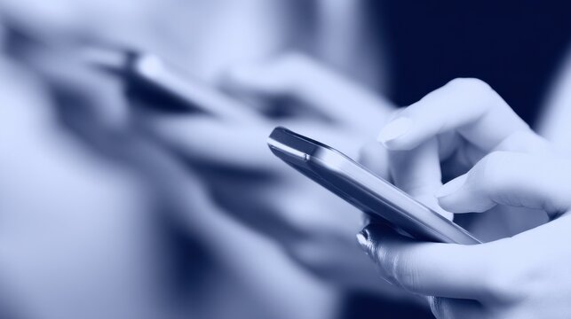 Mobile communication users engaged in texting urban setting digital interaction close-up view modern technology - Powered by Adobe