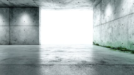 Modern Concrete Structure: An expansive, minimalist concrete interior with clean lines and a bright, inviting opening, creating a sense of openness and industrial aesthetic.