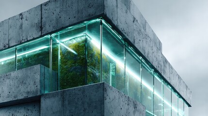 Urban Oasis: Modern architecture integrates nature, featuring a concrete facade with expansive glass panels framing an interior garden, evoking a blend of industrial design and eco-consciousness.