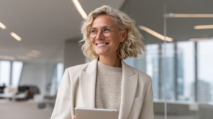 Professional woman smiling in modern office corporate environment portrait positive vibe business success