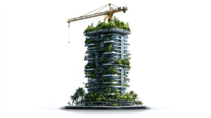 Eco-Friendly Tower of Tomorrow: Witness the harmony of nature and urban design with this captivating image of a tower adorned with lush greenery and a crane symbolizing progress and sustainability.
